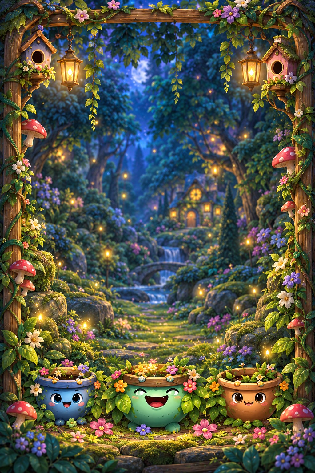 Creature Garden Mushroom Hollow concept image showing a magical garden path, framed by foliage, lanterns and small garden creatures.